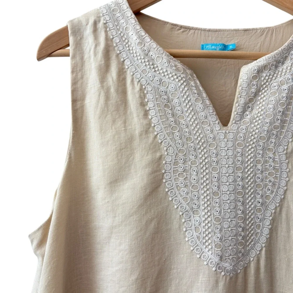 J.McLaughlin Tan Linen Embroidered Sleeveless Shift Dress XL‎ Beige Pockets